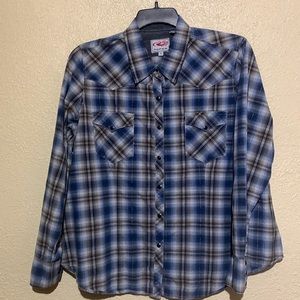 Roper Top Blouse 1X Western  Blue Gray Plaid Pearl Snap Buttons Pockets Cotton